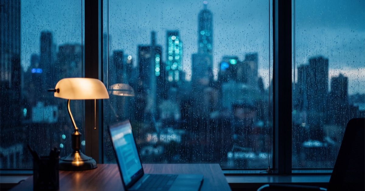 Skyline al crepuscolo attraverso una vetrata d'ufficio bagnata dalla pioggia, con il bagliore di un laptop in primo piano
