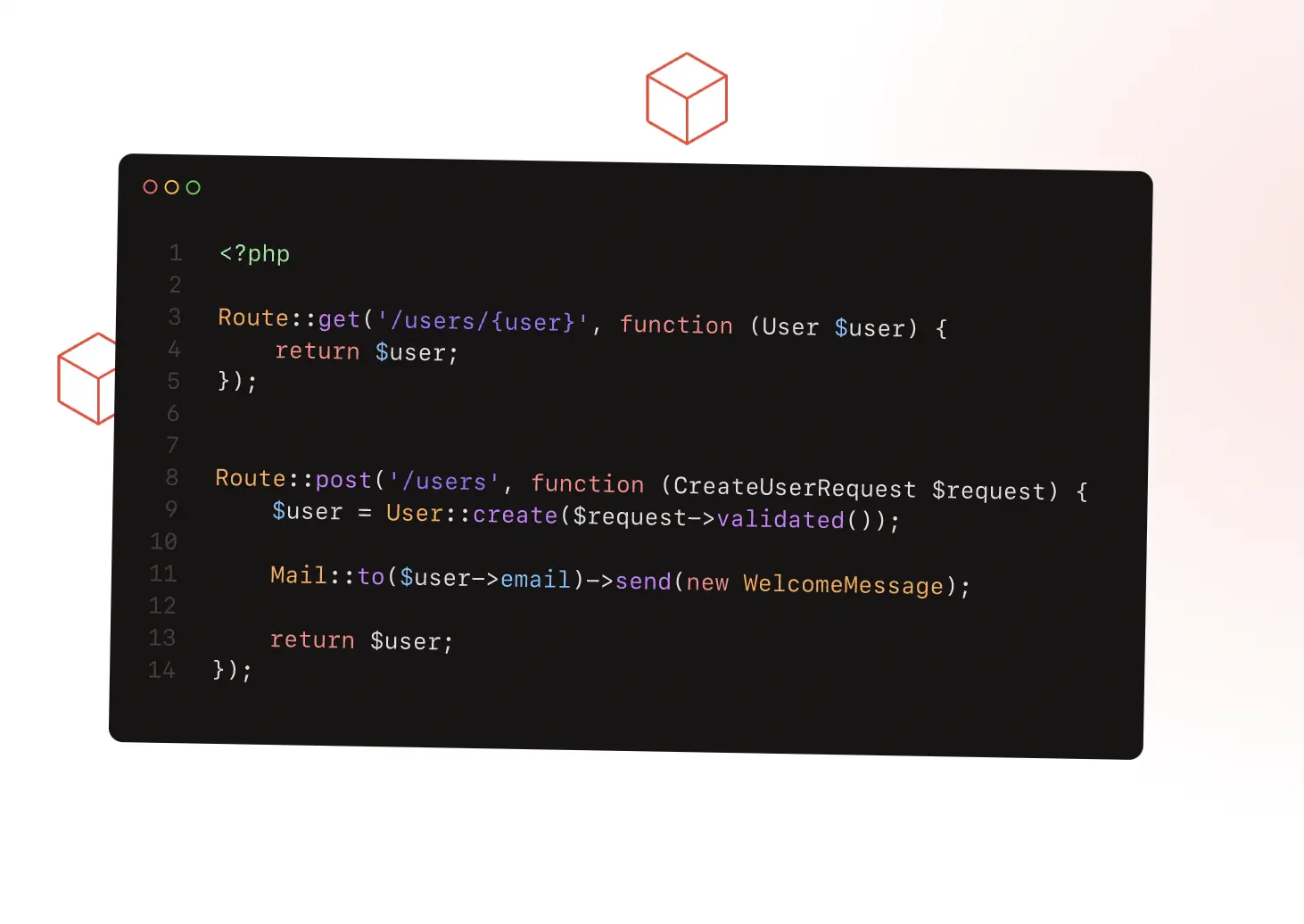 Codice PHP di un progetto Laravel aperto in un editor su tema scuro