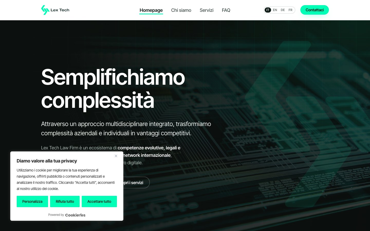 Lex Tech Law Firm: il banner dei cookie con i pulsanti Personalizza, Rifiuta tutto e Accetta tutto