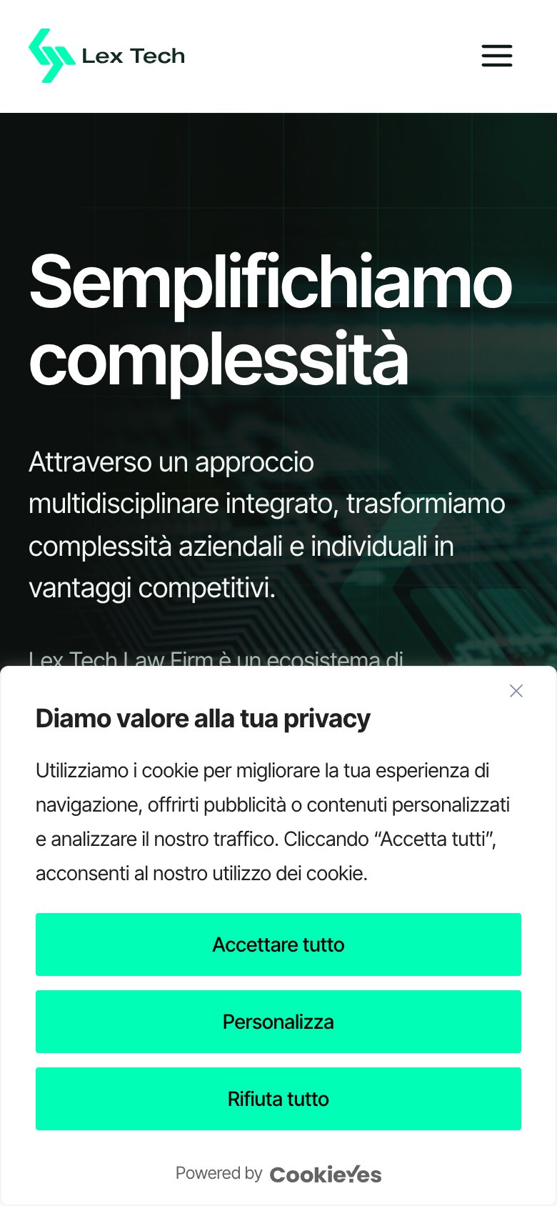 Lex Tech Law Firm: il banner dei cookie visto da telefono
