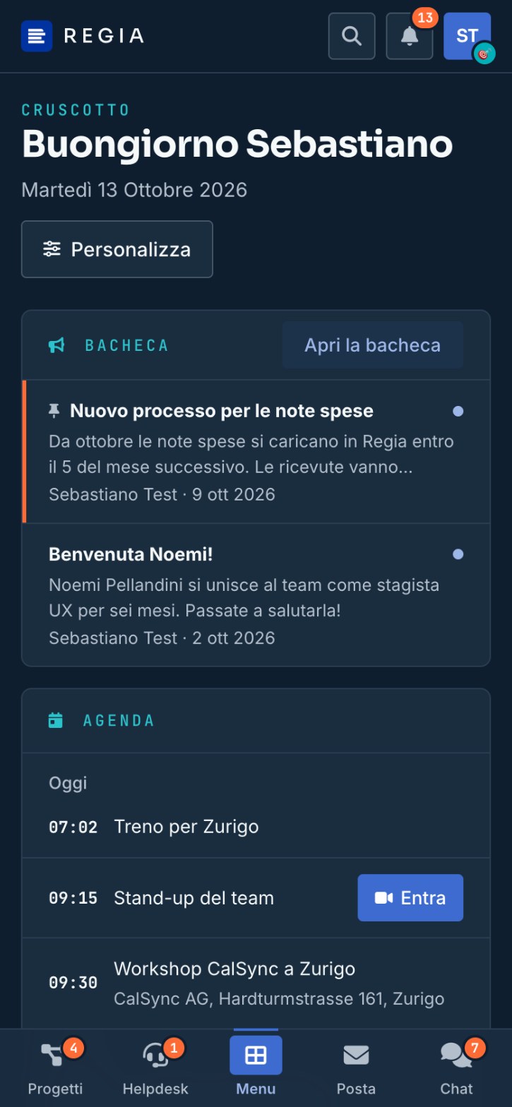 App Regia su telefono: il cruscotto con bacheca e agenda