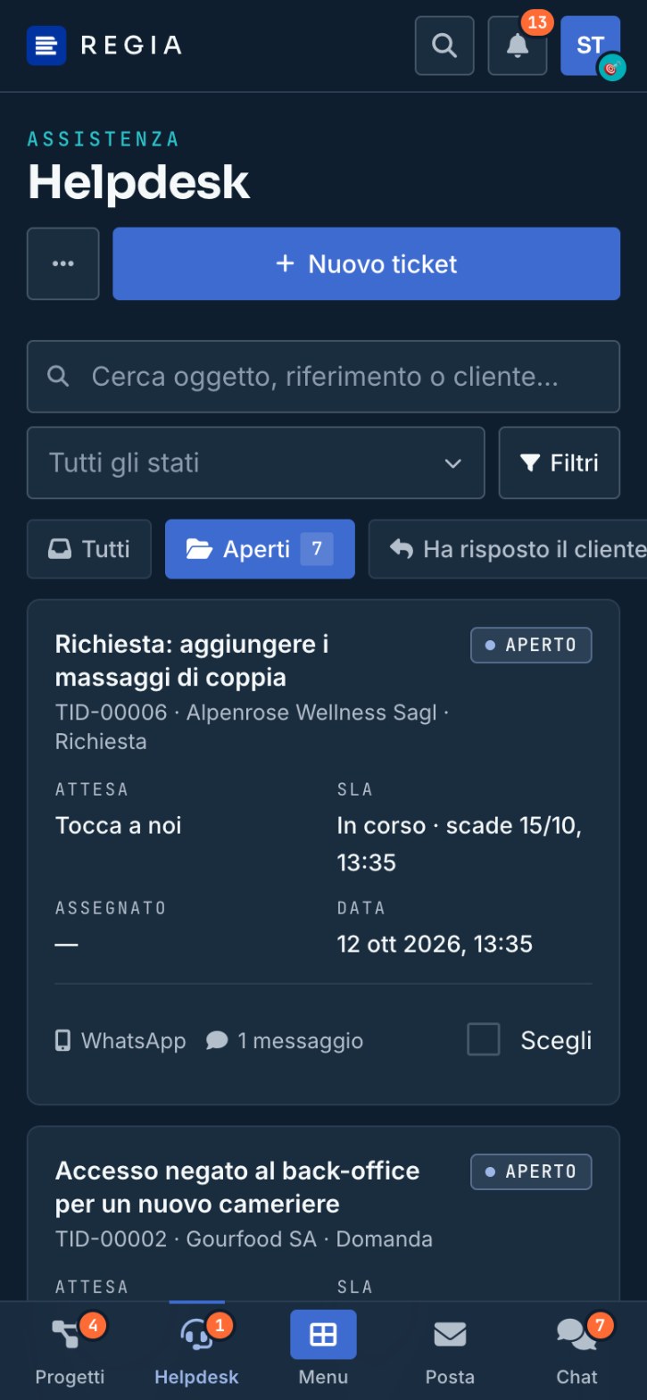 App Regia su telefono: elenco dei ticket dell'Helpdesk