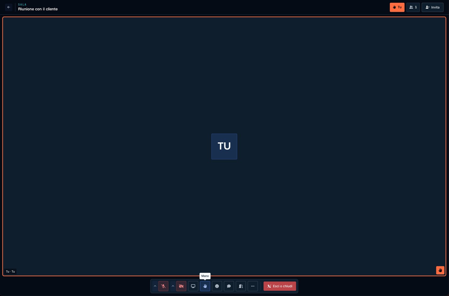Regia, la sala video: comandi per microfono, videocamera, condivisione schermo, alzata di mano, reazioni e chat